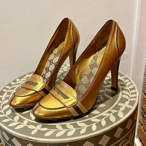 Gucci Metallic Gold Lifford Penny Loafer Pumps